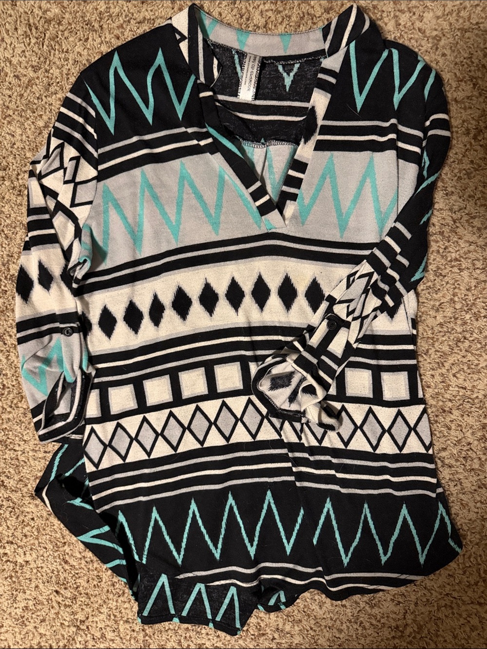 Giddy Up Glamour Aztec knit V-Neck Tunic Top in Black, White & Teal